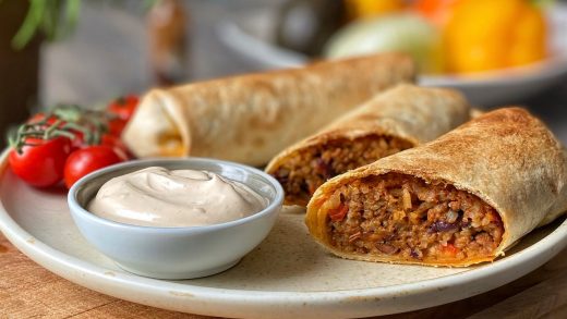 Crispy baked burritos with spicy dipping sauce