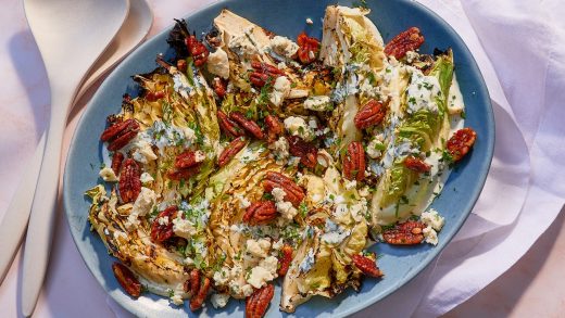 Charred cabbage with blue cheese and spicy pecans