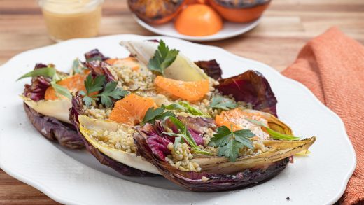 Seared chicories salad with tangerines and freekeh