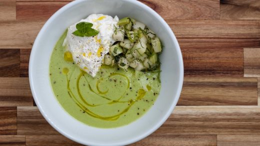 Melon gazpacho with pickled chayote and burrata
