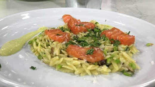Spring green orzo with pea sauce and cured salmon
