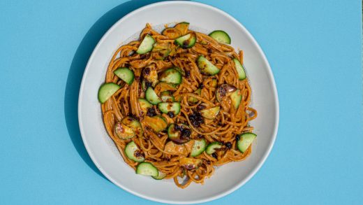 Garlicky peanut noodles with cucumber and chilli crisp