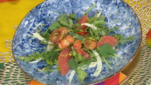 Fennel and grapefruit salad with scotch bonnet maple vinaigrette and grilled shrimp