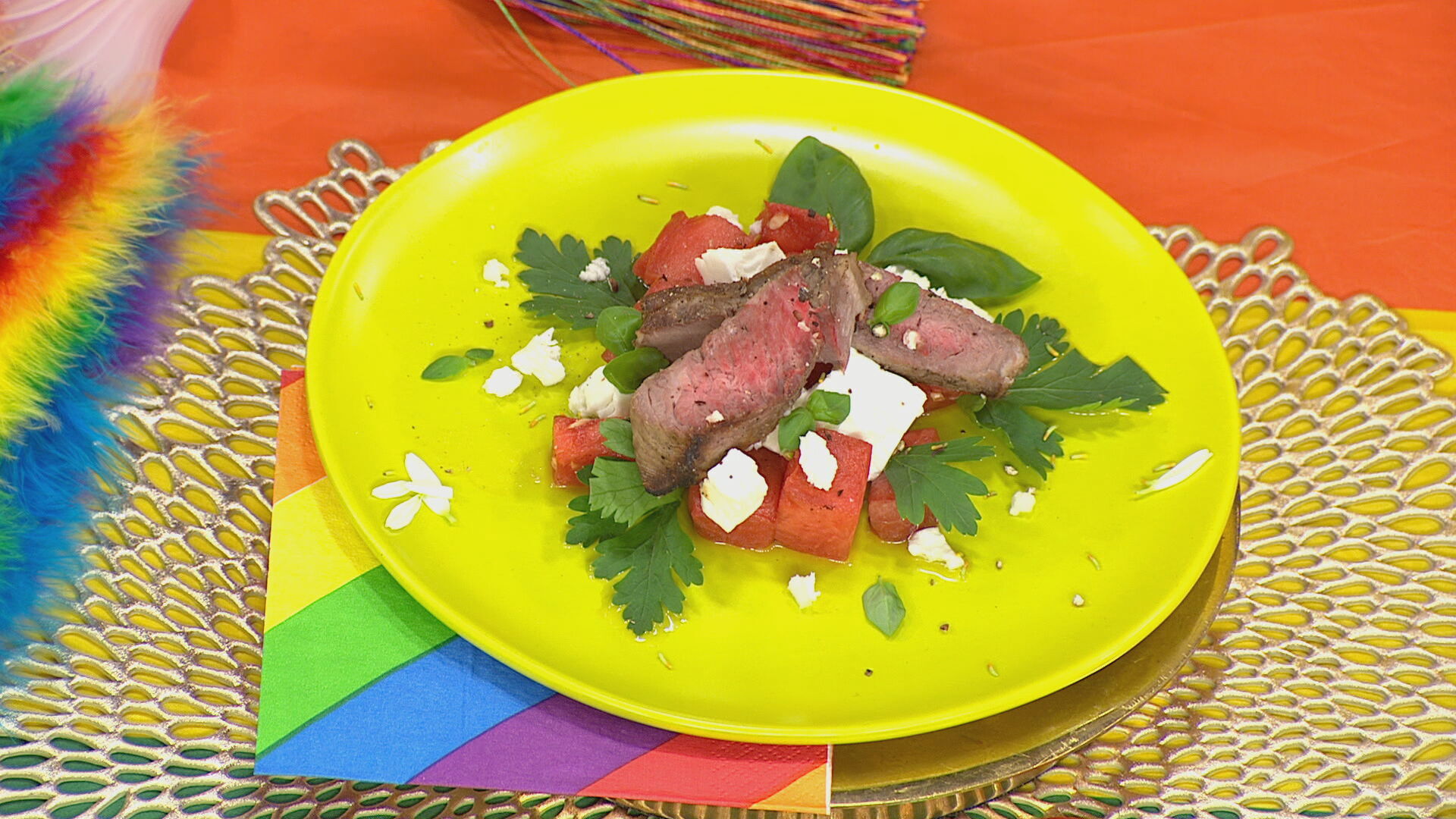 Grilled watermelon salad with lamb chops