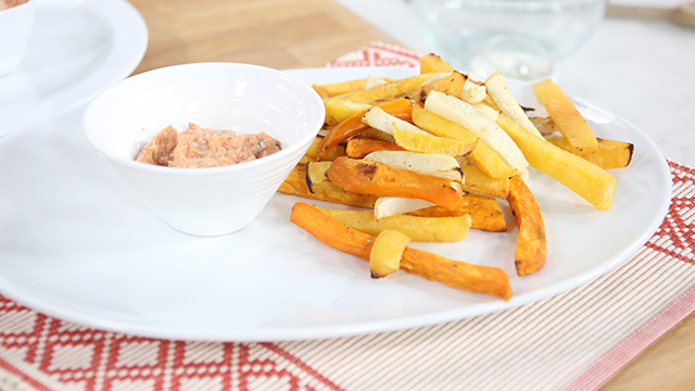 Root vegetable 'fries' with smoky tarragon dip