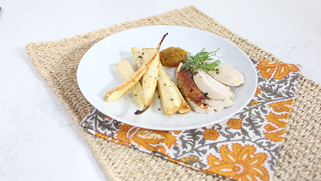 Tarragon, mustard and honey roast chicken on parsnips