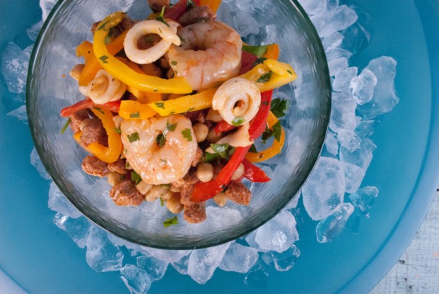 Mixed seafood salad with chorizo and chickpeas