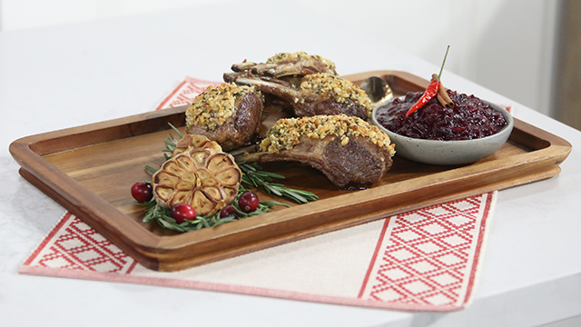 Pine nut and rosemary crusted lamb with cranberry sauce