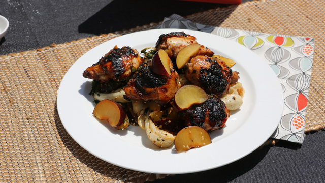 Sesame chicken thighs with bok choy and plums