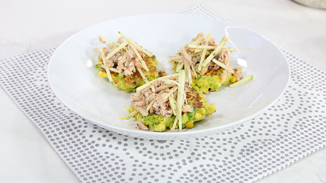 Sweet corn and pea fritters with crab and apple salad