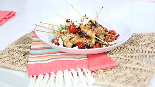 Chicken skewers with olive and sundried tomato relish