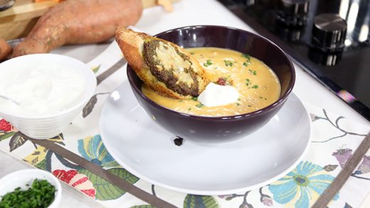 Cheesy sweet potato soup with garlic &amp; pesto bread