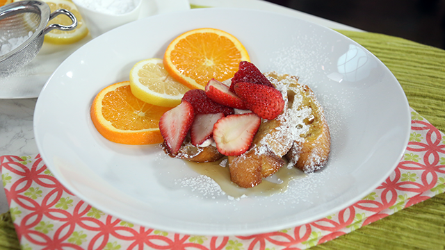 Lemon cheesecake French toast with orange liqueur strawberries