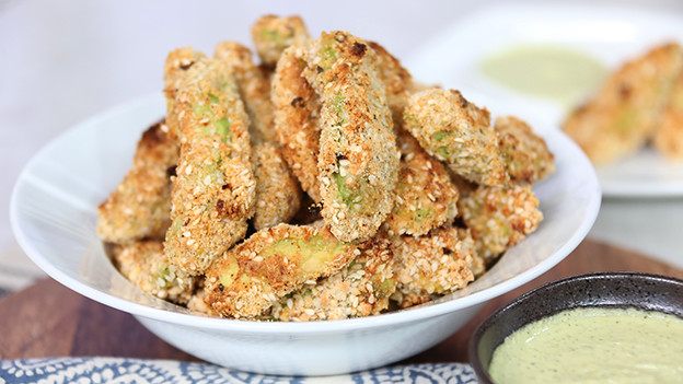 Spicy baked avocado fries with a lime, cashew and cilantro dip