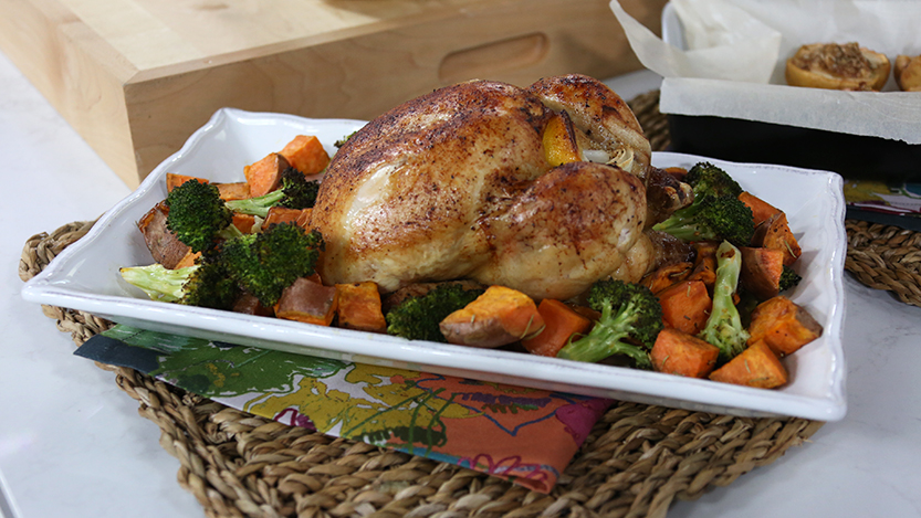 Simple roast chicken with roasted sweet potatoes and broccoli