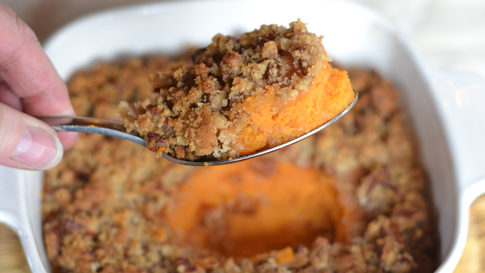 Sweet potato casserole with pecan oat topping