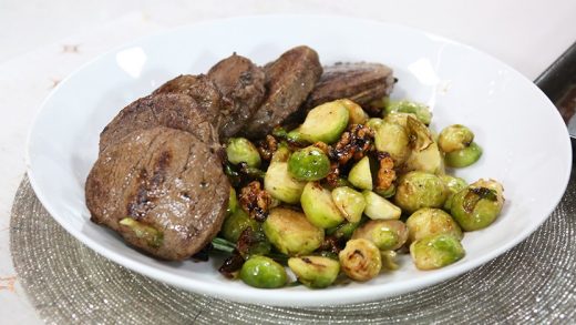 Beef medallions with roasted Brussels sprouts and soy glazed walnuts