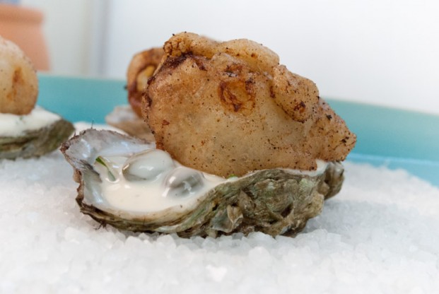 Beer battered oysters with jalapeno tartar sauce