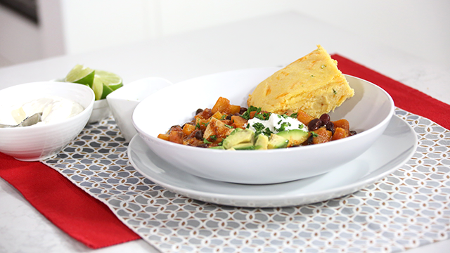 Vegetarian chili with butternut squash, apple and cheddar jalapeno cornbread