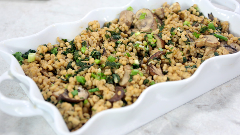 Breakfast barley risotto with sautéed mushrooms and bok choy