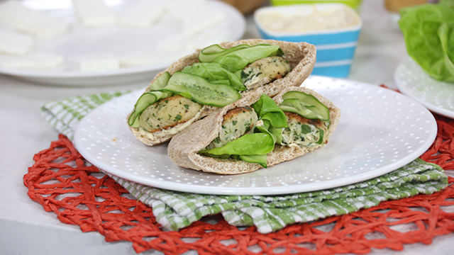 Fish croquette pita sandwiches with feta and celery salad
