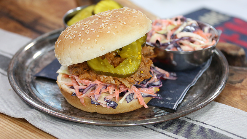 Saucy slow-roasted pulled pork burgers with creamy coleslaw
