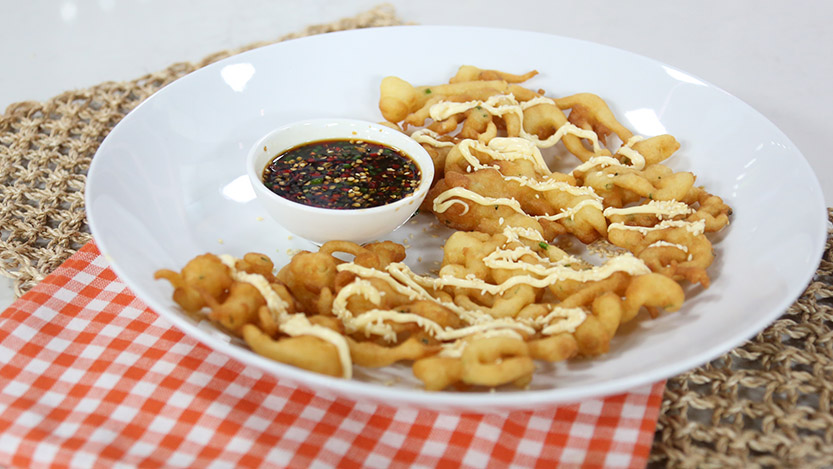 Chive funnel cakes with chili padi sauce