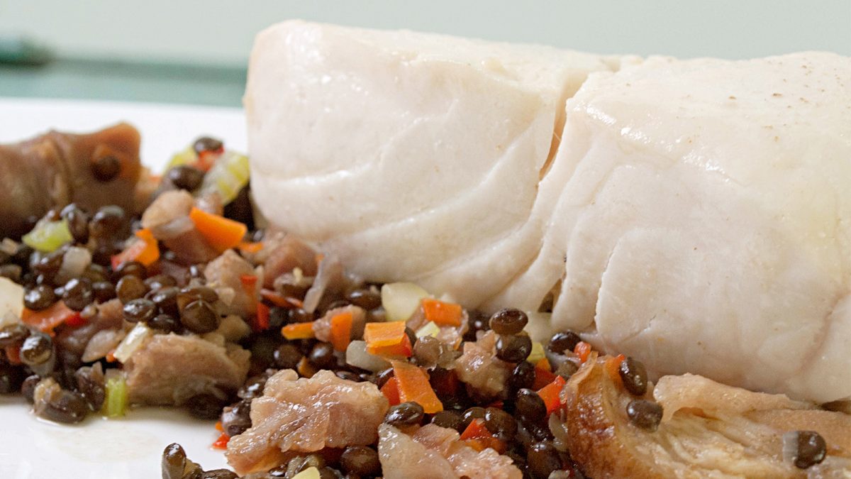 Ham hock stock poached halibut with du puy lentils
