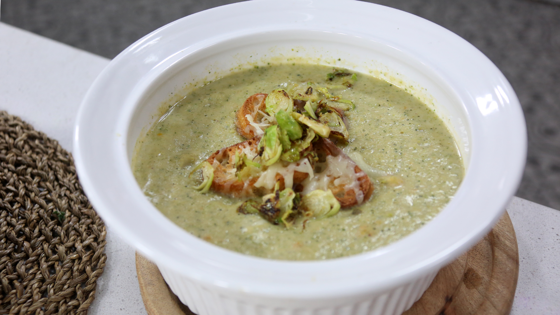 Cream of broccoli soup with gruyere croutes and crispy brussels sprouts