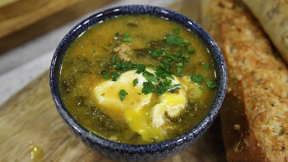 Chard and sausage soup with poached eggs