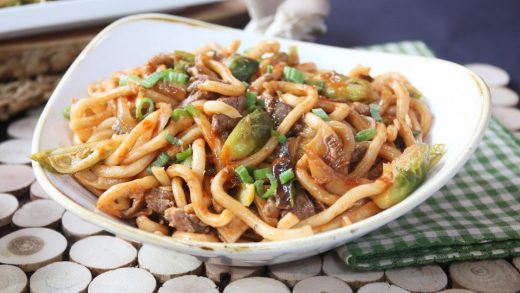 Spicy udon stir-fry with steak and Brussels sprouts