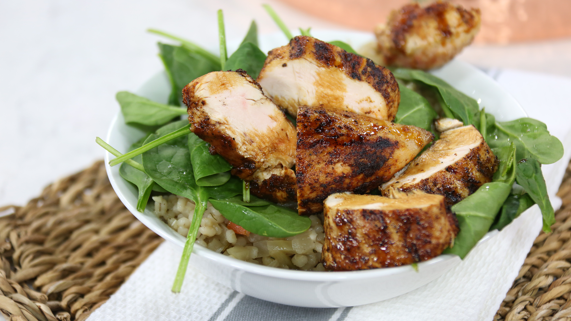 Grilled chicken, barley and fennel bowl
