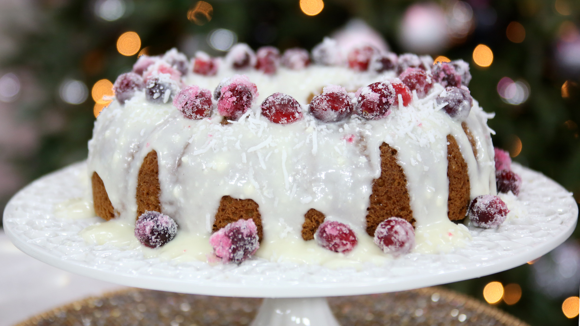 Coconut Bundt cake with sugared cranberries