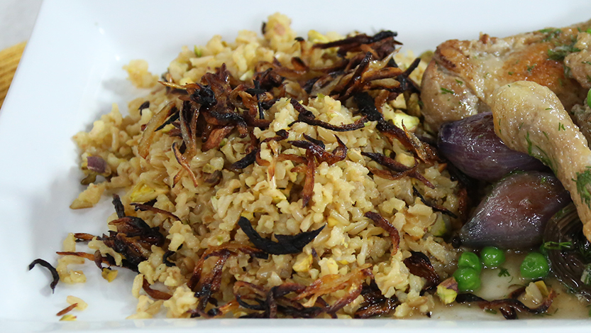 Saffron brown rice with caramelized shallots