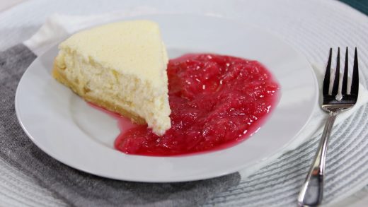 Alsatian cheesecake with stewed rhubarb topping