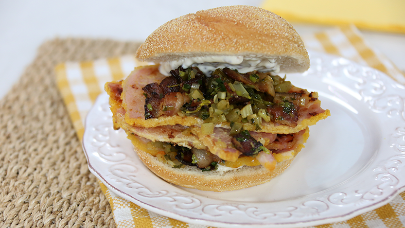 Peameal bacon sandwich with spring onion pickle relish and honey mustard aioli