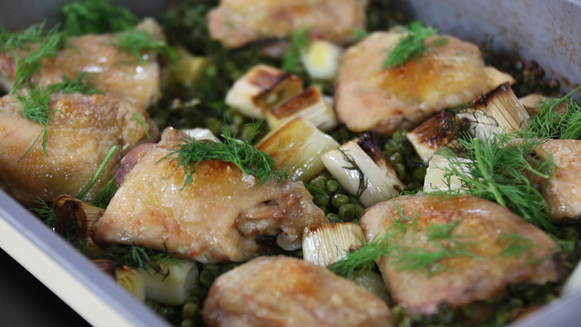 Nigella Lawson's chicken and pea traybake