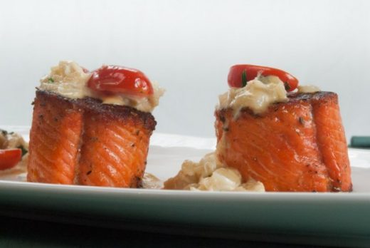 Roasted B.C salmon roulade with crab sauce