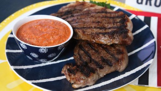 Grilled marinated sirloin and roasted pepper romesco sauce