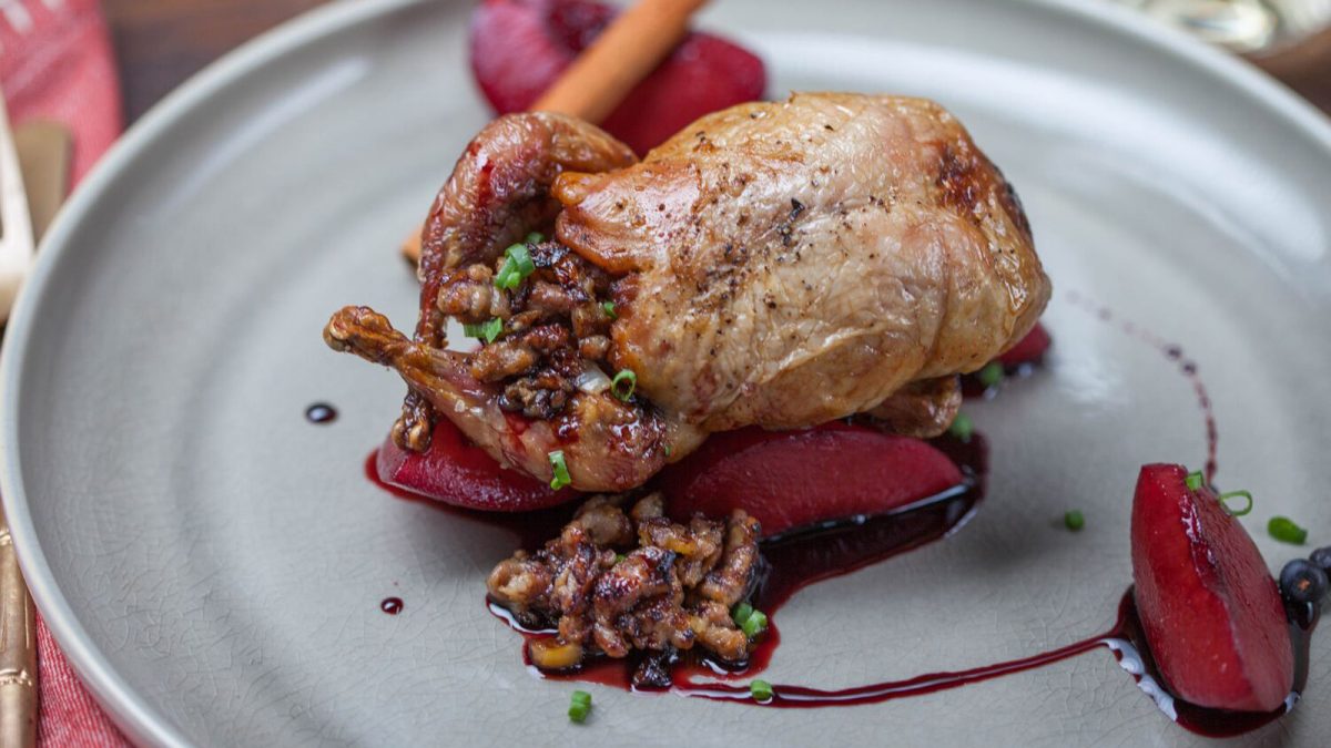 Stuffed quail with wine soaked plums