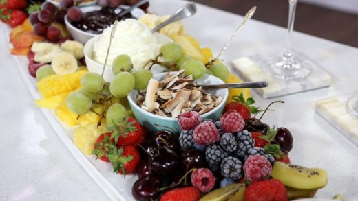 Fruit board with dark chocolate dipping sauce