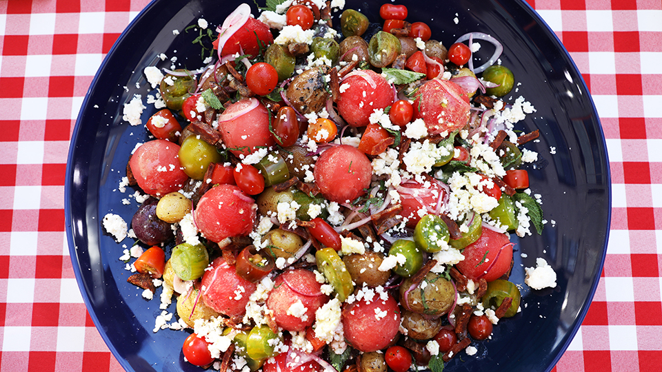 Grilled potato and watermelon salad