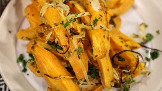 Roasted sweet potatoes with onion, dill and caraway seeds