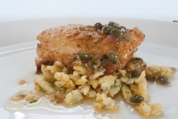 Seared walleye (pickerel) fillet with brown butter caper sauce and spätzle