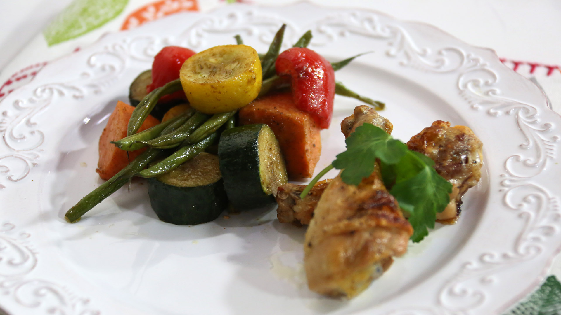 Veggie sheet pan dinner with chicken or salmon
