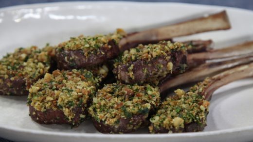 Macadamia crusted lamb lollies with spicy honey agrodolce