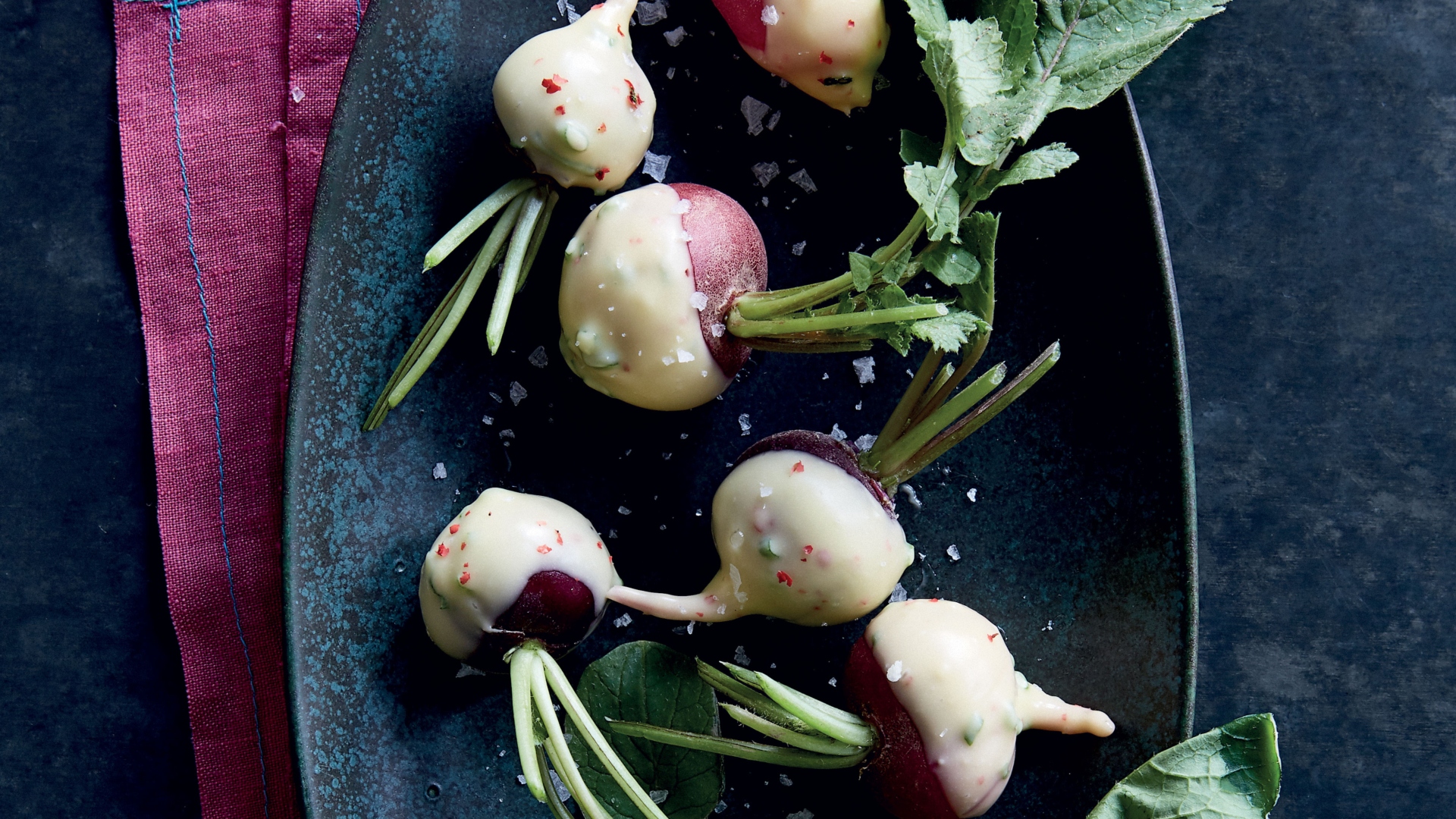 Radishes in pink peppercorn-and-chive-butter