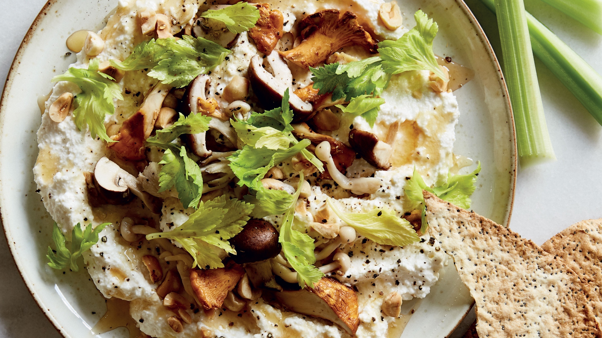 Ricotta with pickled wild mushrooms, toasted hazelnuts and honey