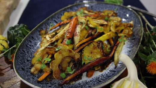 Miso cranberry glazed fall vegetables