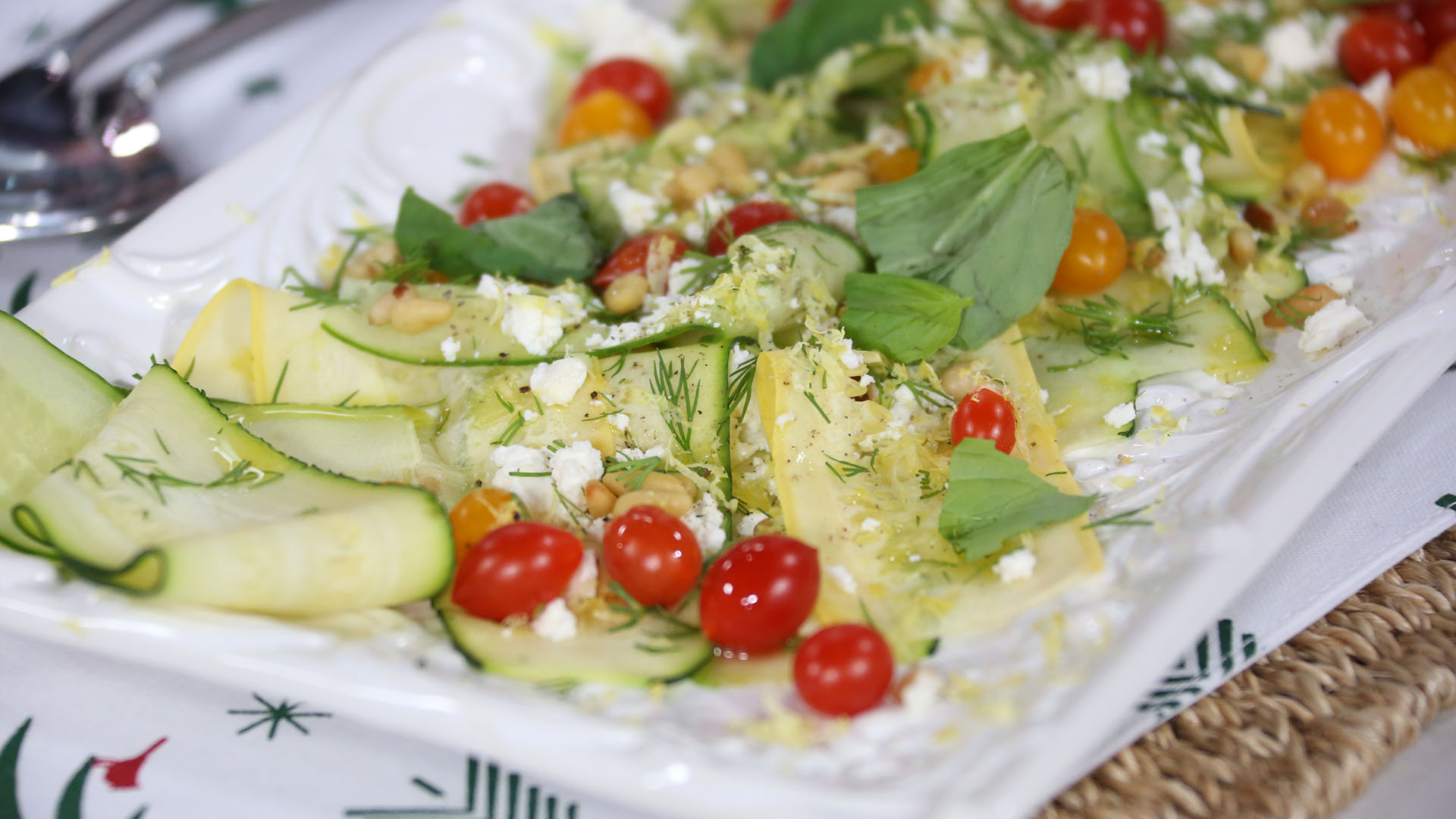 Vegetable ribbon salad with lemon, dill, feta and toasted pinenuts